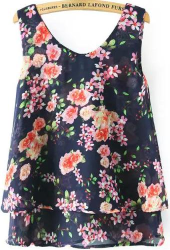 Romwe Double Layels Florals Chiffon Navy Tank Top