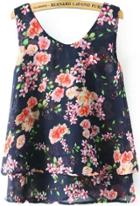 Romwe Double Layels Florals Chiffon Navy Tank Top