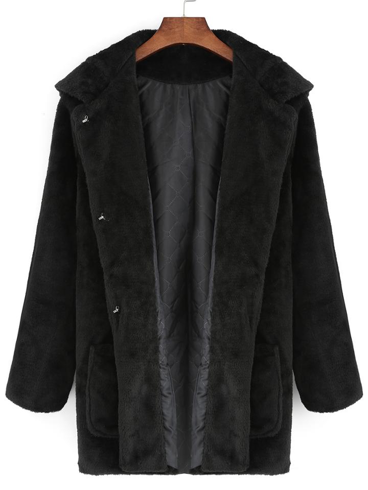 Romwe Rabbit Ears Hooded Pockets Black Coat