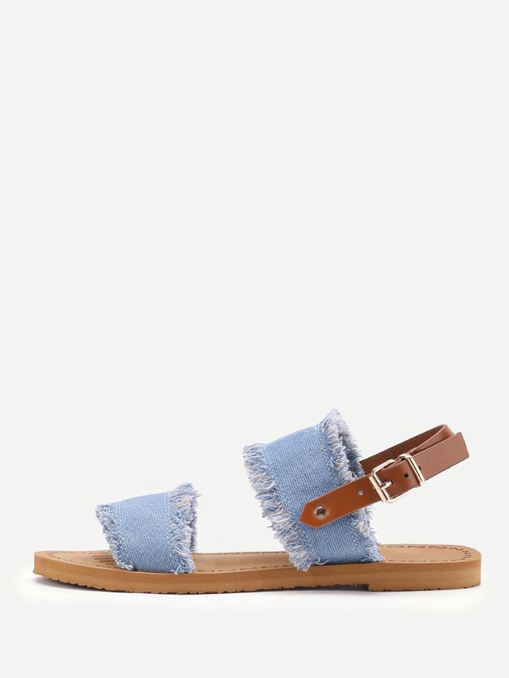 Romwe Frayed Trim Denim Flat Sandals