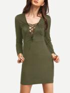 Romwe Army Green Lace Up Suede Bodycon Dress