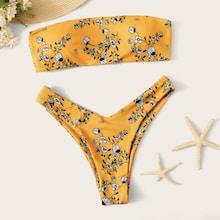 Romwe Calico Print Bandeau With High Cut Bikini