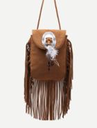 Romwe Khaki Feather Embellished Fringe Trim Flap Bag