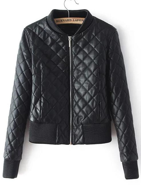 Romwe Black Zipper Quilted Diamond Pu Jacket