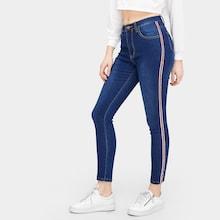 Romwe Button Waist Striped Tape Side Jeans