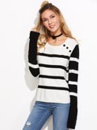 Romwe Black And White Striped Buttoned Neck Sweater