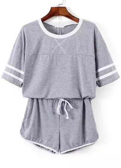 Romwe Short Sleeve Striped Top With Drawstring Grey Shorts