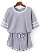 Romwe Short Sleeve Striped Top With Drawstring Grey Shorts