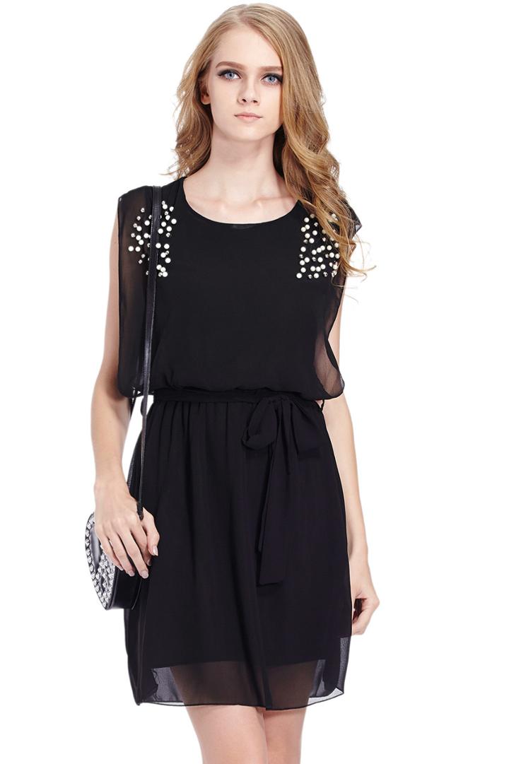Romwe Beaded Self-tied Pleated Black Dress