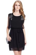 Romwe Beaded Self-tied Pleated Black Dress