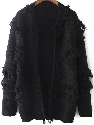 Romwe Round Neck Tassel Black Coat
