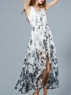 Romwe White V Neck Sleeveless Floral Print Maxi Dress