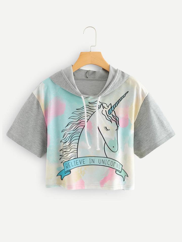 Romwe Unicorn Print Hooded Tee