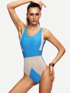 Romwe Mesh Insert Backless One-piece Swimwear - Blue