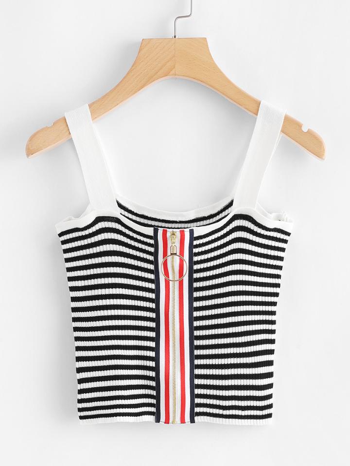 Romwe Ring Zipper Detail Striped Cami Top