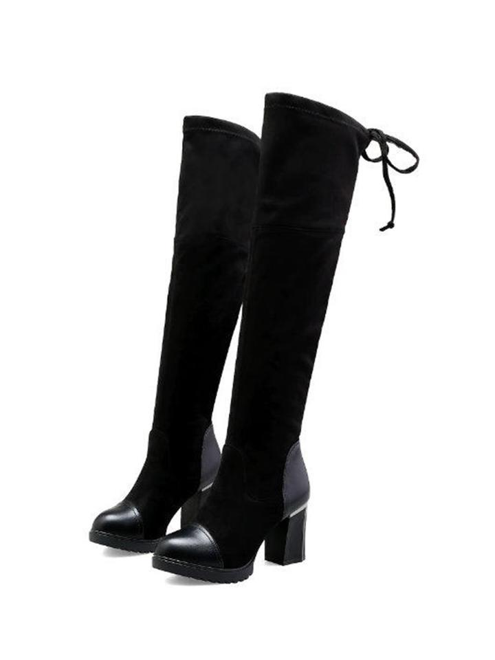 Romwe Back Lace Up Thigh High Heeled Boots