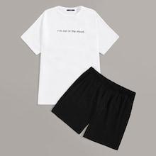 Romwe Guys Slogan Print Top & Shorts Pj Set