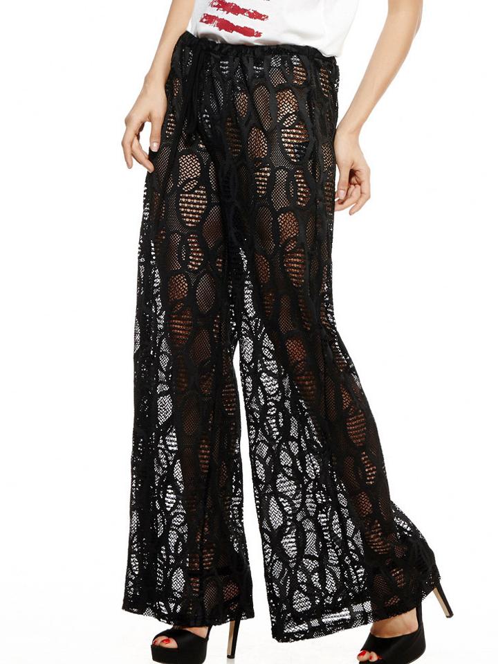 Romwe Elastic Waist Drawstring Wide Leg Sheer Black Pant