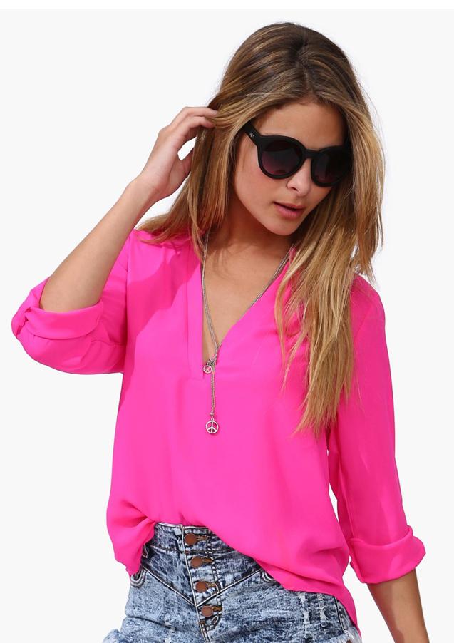Romwe V Neck Loose Chiffon Rose Red Blouse