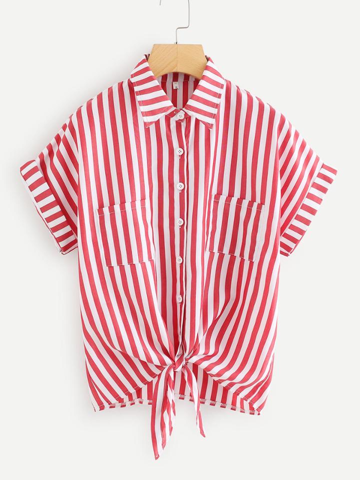 Romwe Dual Pocket Knot Front Cuffed Shirt