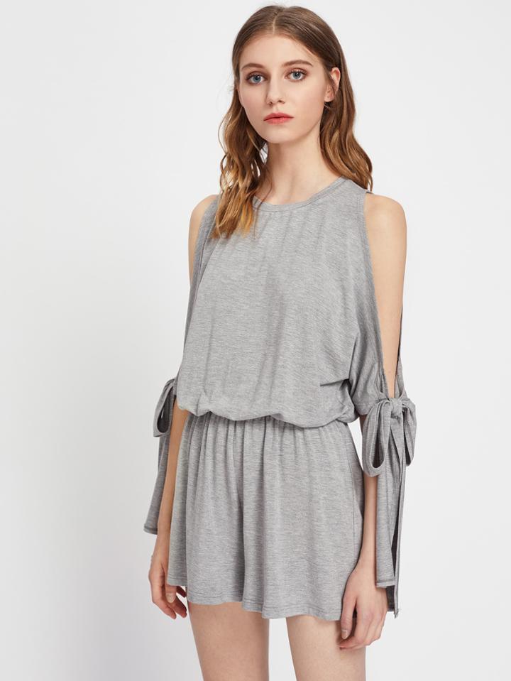 Romwe Self Tie Open Shoulder Keyhole Back Marled Knit Playsuit