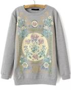 Romwe Vintage Floral Print Loose Grey Sweatshirt