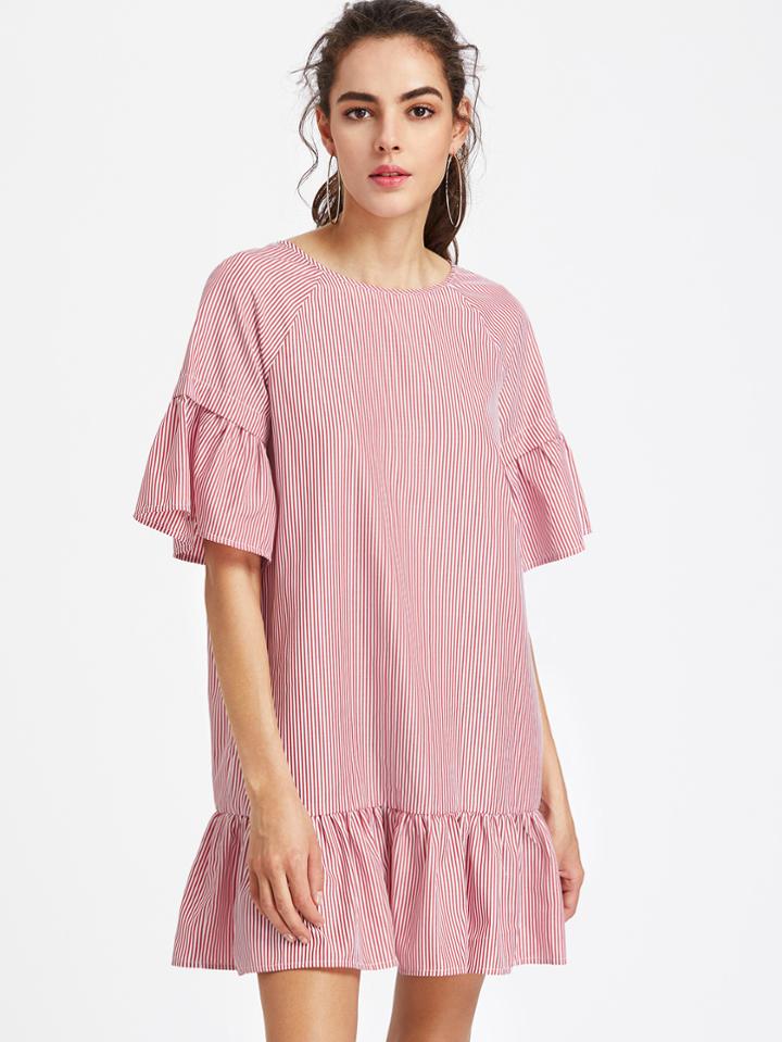 Romwe Raglan Sleeve Crisscross V Back Striped Ruffle Dress