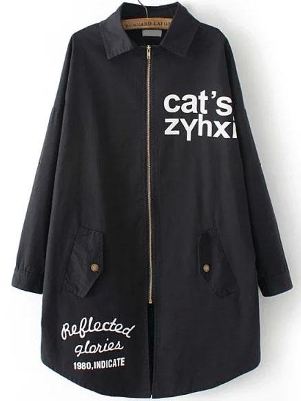 Romwe Lapel Letters Print Black Trench Coat