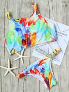 Romwe Floral Print Open Back Bikini Set