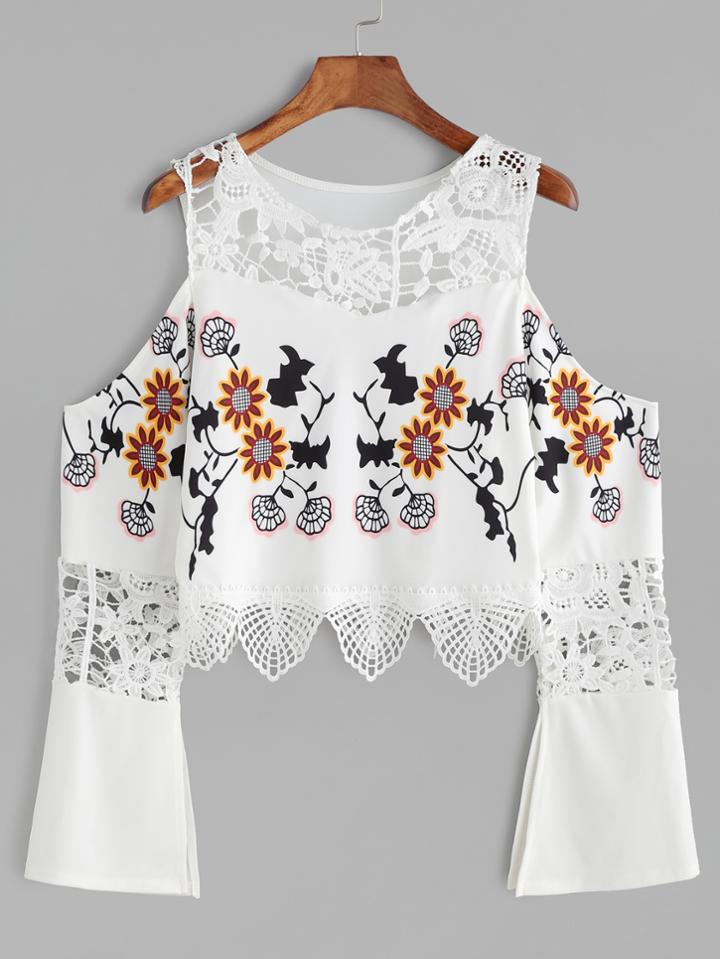 Romwe Flower Print Open Shoulder Bell Sleeve Crochet Insert Top