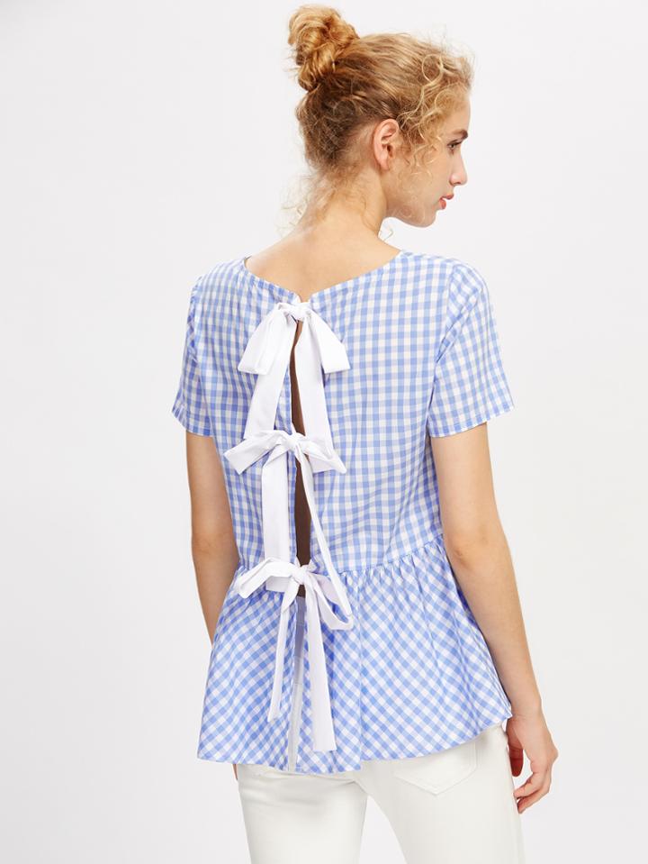 Romwe Checked Bow Split Back Peplum Top