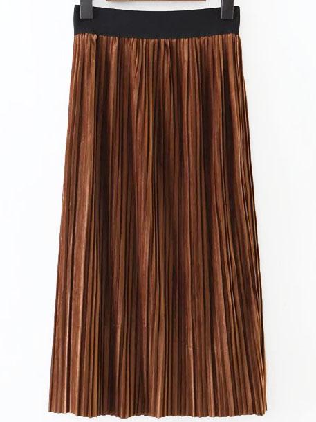 Romwe Khaki Elastic Waist Pleated Long Skirt