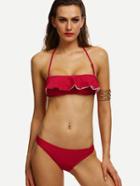 Romwe Red Ruffled Halter Neck Bandeau Bikini Set