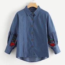 Romwe Floral Applique Bishop Sleeve Denim Blouse