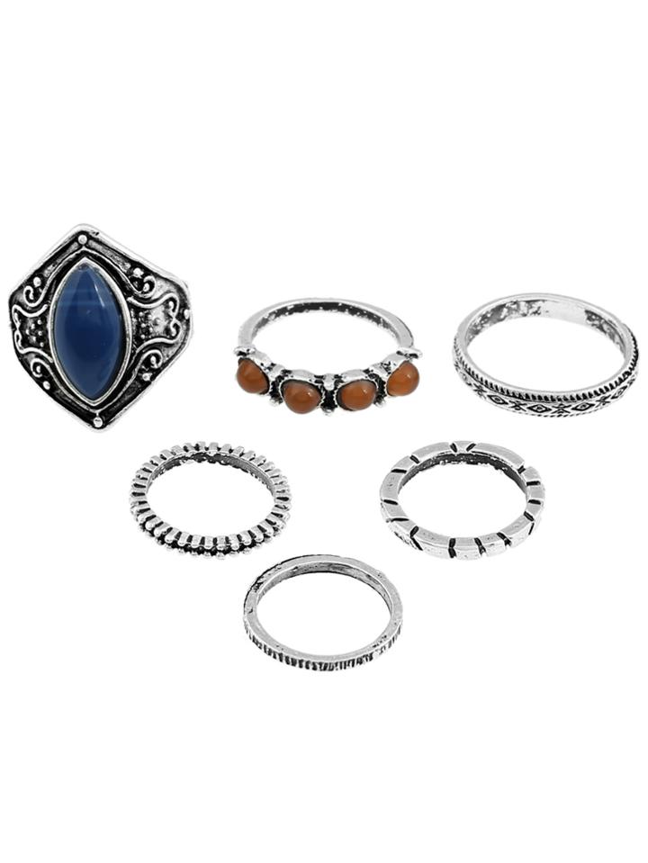 Romwe Contrast Gemstone Engraved Ring Set 6pcs
