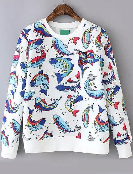 Romwe Round Neck Fish Print Sweatshirt