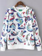 Romwe Round Neck Fish Print Sweatshirt