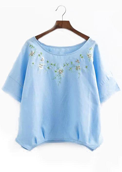 Romwe Embroidered Asymmetrical Blue T-shirt