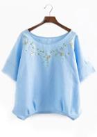 Romwe Embroidered Asymmetrical Blue T-shirt