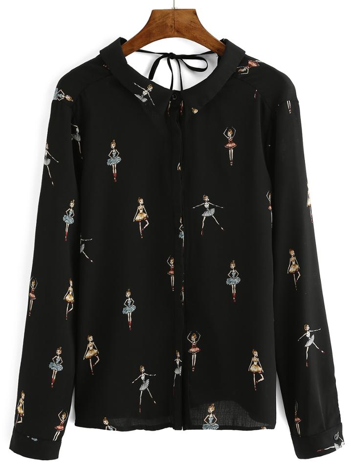 Romwe Doll Collar Print Lace Up Blouse
