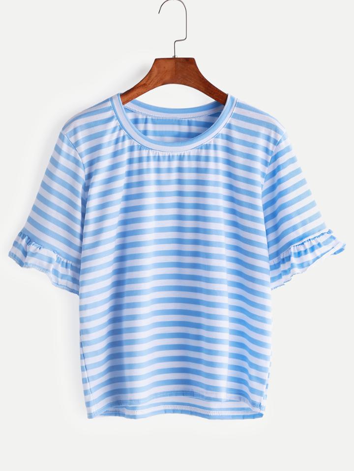 Romwe Contrast Striped Ruffle Cuffed Tee