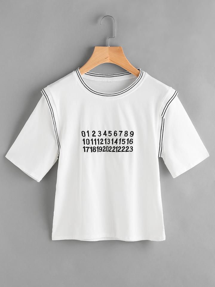 Romwe Digital Print Stripe Trim Tee