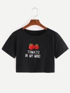 Romwe Tomato Embroidered Crop T-shirt - Black