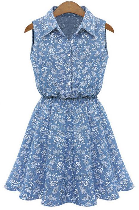 Romwe Lapel Sleeveless Pastel Floral Print Denim Dress