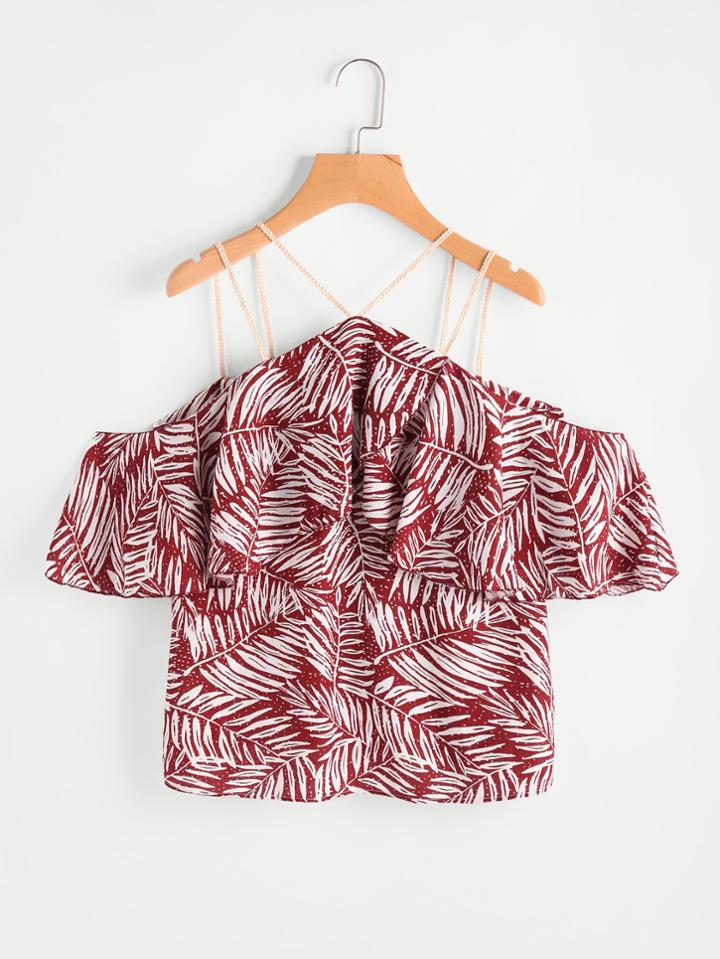 Romwe Double Strappy Flounce Trim Leaf Print Blouse