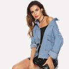 Romwe Button & Pocket Front Frayed Trim Denim Jackets