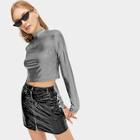 Romwe Tartan Plaid Stand Neck Crop Tee