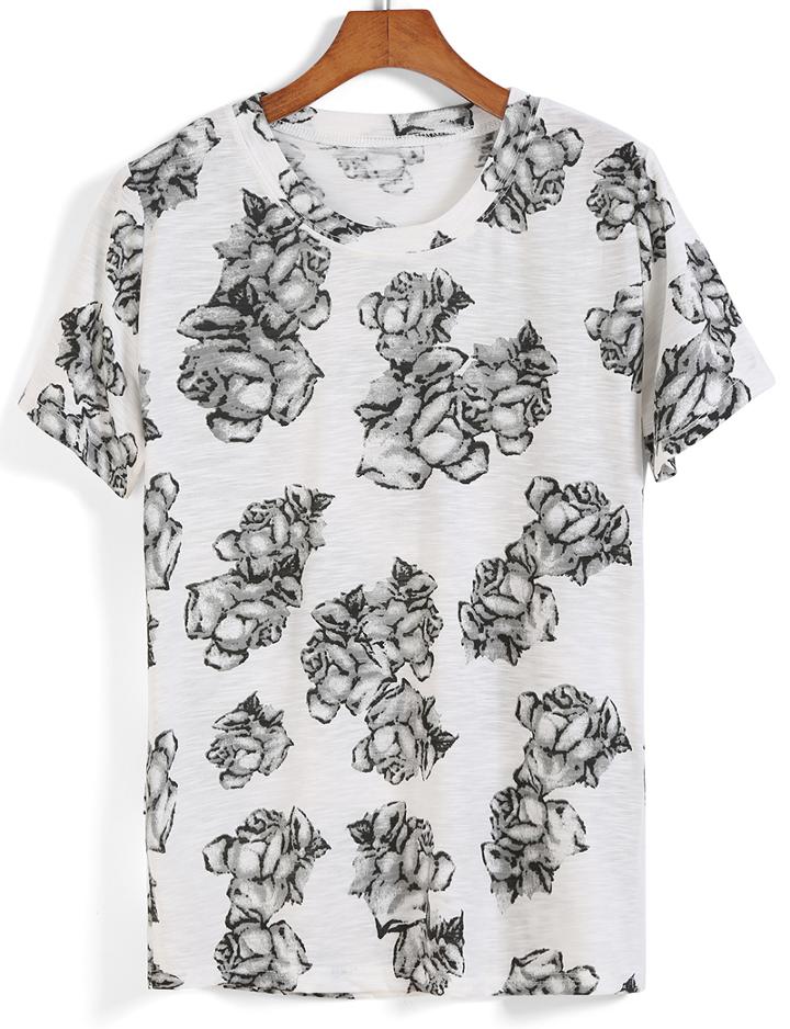 Romwe Rose Print Loose T-shirt