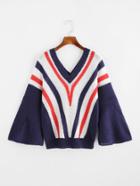 Romwe Double V Fluted Sleeve Chevron Sweater