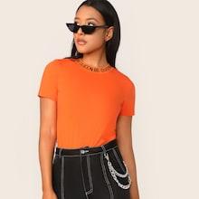 Romwe Neon Orange Printed Neck Tee